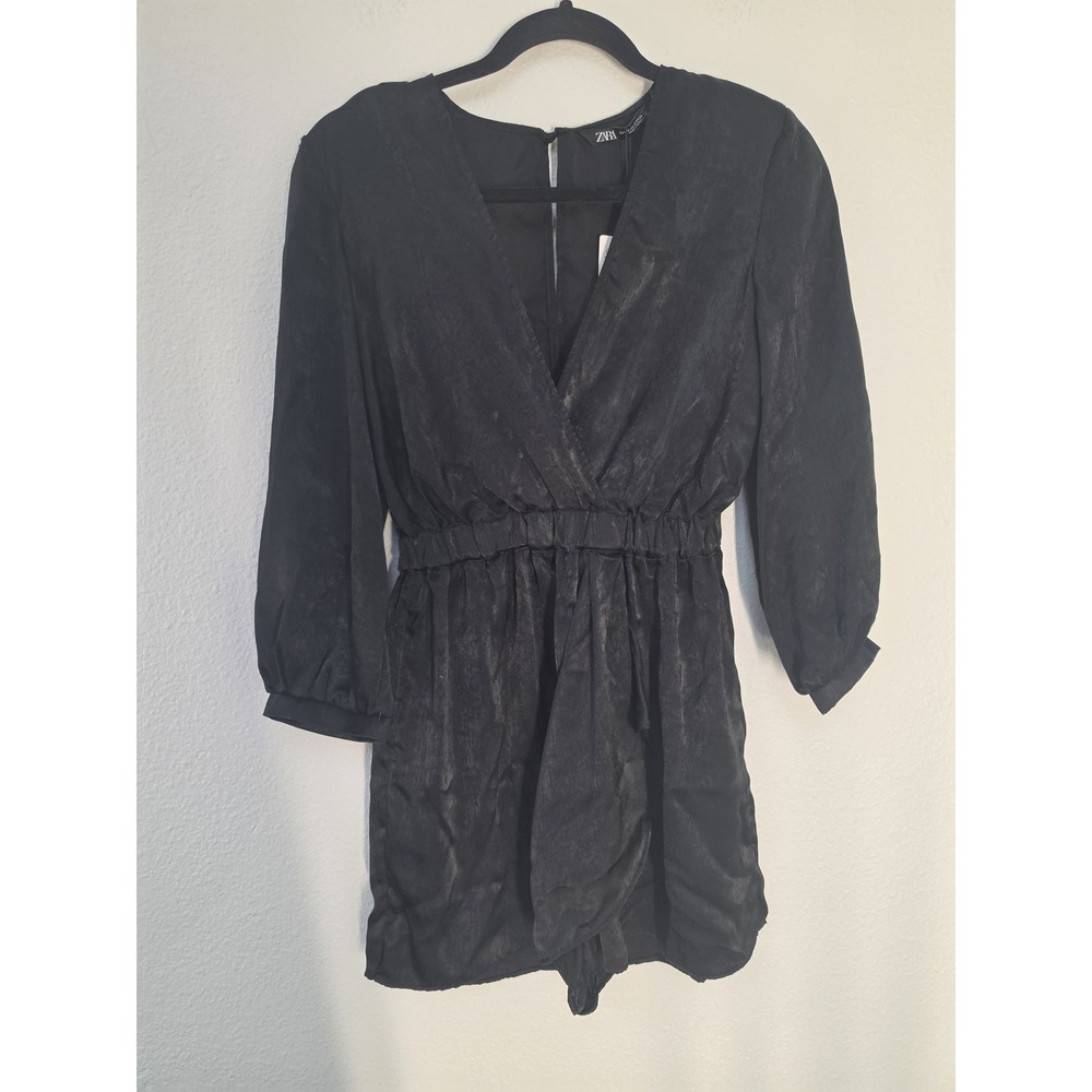 Zara Romper XS Black Solid V-Neck Long Sleeve Casual Playsuit NWT
